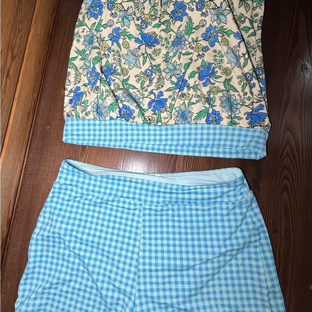 Lands' End Blue Gingham and Floral Patterned Swim Set